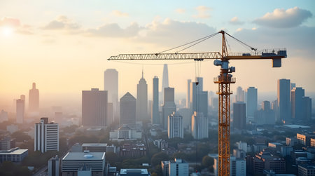 Dynamic skyline view with golden hour light and construction crane for urban development and modern architecture projectsの素材