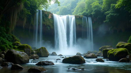 Majestic waterfall cascading through lush green rainforest is perfect for travel and nature documentariesの素材