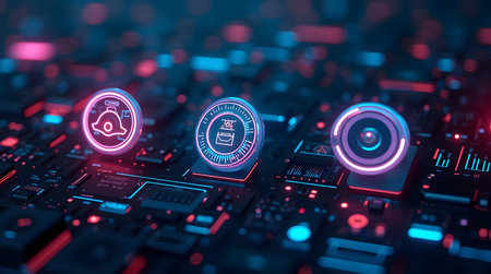 Cyberpunk data analysis with glowing icons for business intelligence and digital innovation solutionsの素材