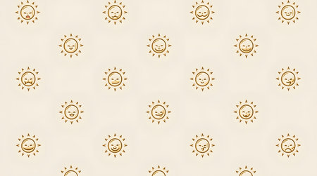 Cheerful sun faces creating a positive mood pattern, great for summer themes and cheerful designs with different emotionsの素材