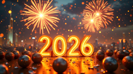 Celebrate the vibrant New Year 2026 with dazzling fireworks over the city skyline and shimmering decorations.の素材
