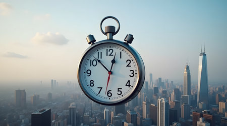 Stopwatch hovering over stunning cityscape, time management in business concept, deadline pressureの素材