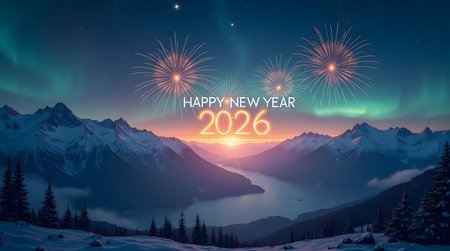 Celebrate Happy New Year 2026 with Stunning Fireworks over Snow-Capped Mountains and Auroraの素材