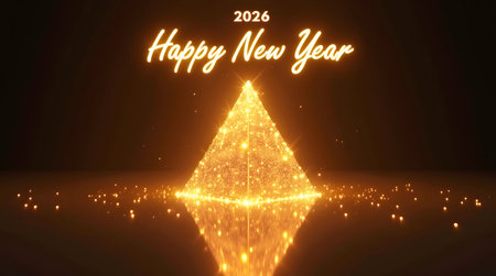 Sparkling golden Happy New Year 2026 celebration with magical glowing Christmas tree, festive and bright holiday wishesの素材