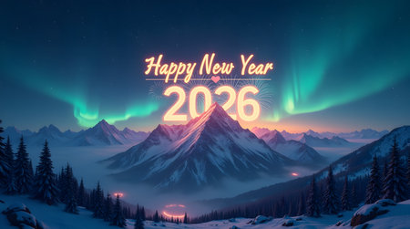 Spectacular aurora borealis illuminating Happy New Year 2026 over snowy mountainsの素材