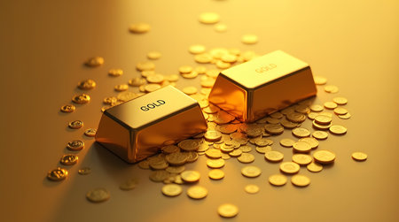 Solid gold bars and scattered coins create a feeling of wealth, prosperity, and financial security todayの素材