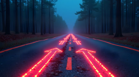Follow neon arrows on mysterious forest road to unlock your destiny and find the right pathの素材