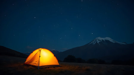 Escape under the stars with a glowing tent and majestic mountain views in the cool night airの素材