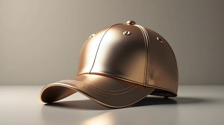 Stunning metallic gold baseball cap glowing softly on a neutral background for luxury brandingの素材