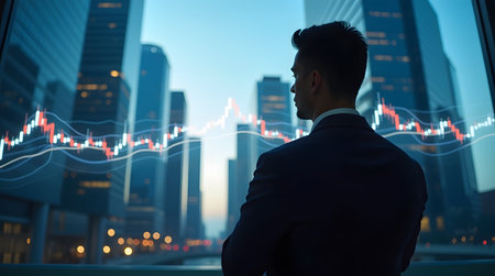 Contemplative businessman analyzing stock market trends from high-rise office with city skyline viewの素材