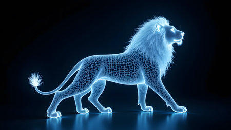 Majestic glowing lion with ethereal mane stands proudly against dark backdrop,の素材