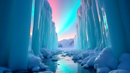 Stunning ice canyon landscape with vibrant colors and distant mountains, perfect for travel inspiration, adventure concepts.の素材