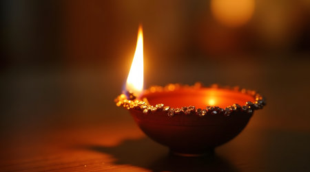 Experience the warmth of Diwali with this beautifully lit decorative oil lamp for a festive glowの素材