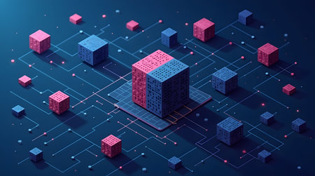 Modern blockchain technology with vibrant connected cubes for innovative digital solutionsの素材
