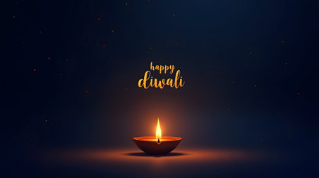 Celebrate Happy Diwali with a glowing diya flame on a dark, festive night background designの素材
