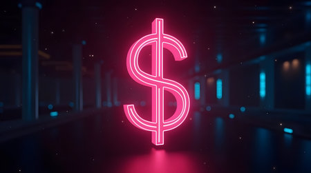 Vibrant pink dollar sign glows in futuristic hallway, invest in success, financial future, and wealthの素材