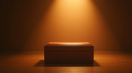 Elegant brown box on stage bathed in warm light, perfect for product reveals or special announcementsの素材