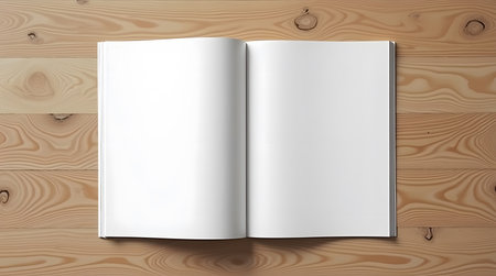 Open book with blank pages ready for your message on a bright wooden table advertisement mock upの素材