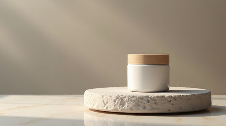 Showcase your brand with this elegant cream jar mockup on a natural stone pedestal for product photographyの素材