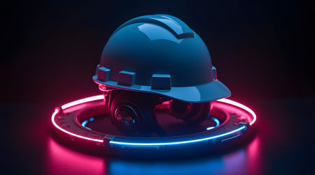 Modern hard hat resting on vibrant neon platform represents safety and innovation in construction industryの素材