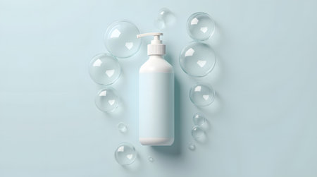 Elegant dispenser and bubbles for gentle skincare products in a calming, minimalist spa settingの素材