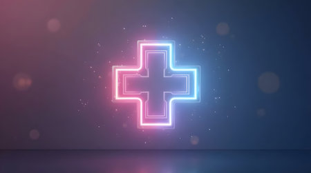Striking neon medical cross glowing with vibrant energy, perfect for healthcare tech branding solutionsの素材