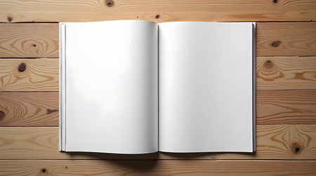 Showcase your brand with a blank open book on rustic wood, perfect for creative designs and storytellingの素材