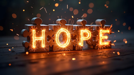 Sparkling hope concept with puzzle pieces radiating light, inspirational message for challenges aheadの素材