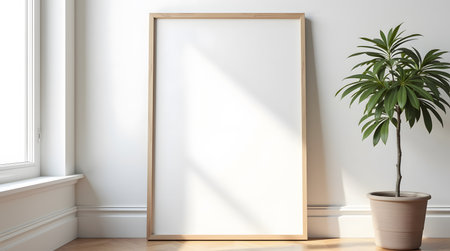 Showcase your art with this modern frame mockup and bright plant in a minimalist living room designの素材