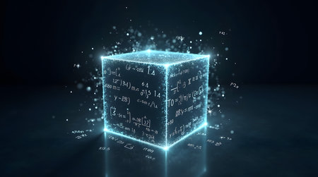Futuristic glowing cube pulsating with complex mathematical equations and glowing particles, representing innovationの素材