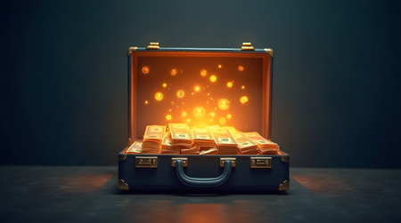Open suitcase revealing stacks of hundred dollar bills and glowing coins ready for investmentの素材