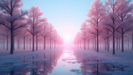 Dreamy pink trees reflecting in still water create a tranquil landscape perfect for meditation, peaceful backgrounds.の素材