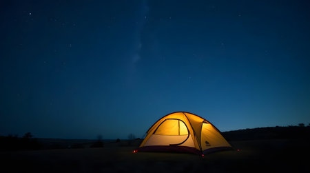 Experience the tranquility of camping under the vast starry sky in a warm glowing tent at nightの素材