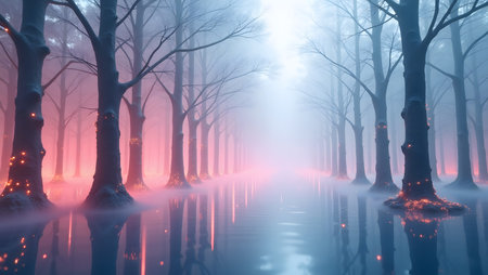 Enchanting misty forest with glowing lights reflecting in water creates a magical, purpose for backgroundの素材
