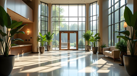 Elegant lobby interior with natural light, plants, and neutral tones for welcoming, luxurious spacesの素材
