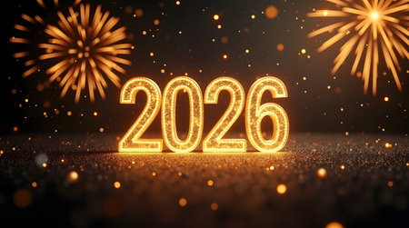 Celebrate the bright future of 2026 with dazzling fireworks and golden glow, perfect for new yearの素材