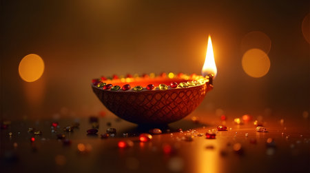 Experience the warm glow of Diwali with this stunning, traditional oil lamp spreading light and joyの素材