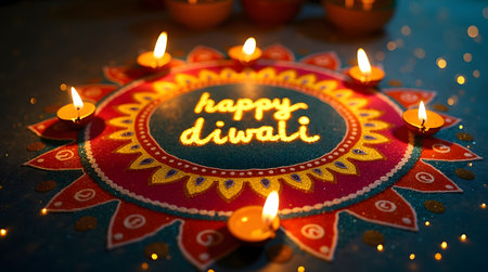 Celebrate the sparkling festival of Diwali with this vibrant and festive rangoli and glowing candlesの素材