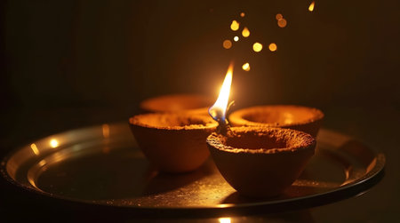 Celebrate Diwali festival with glowing diya lamps creating a warm inviting atmosphere of traditionの素材