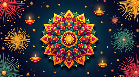 Celebrate Diwali with vibrant mandala art and glowing diya lamps for a festive, colorful designの素材