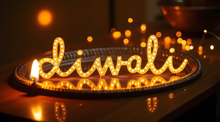 Celebrate Diwali with stunning golden light illuminating the festive holiday decoration displayの素材
