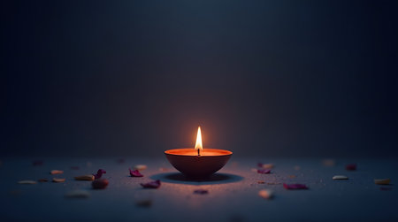 candle glow casting soft light with rose petals for diwali or deepavali celebrationの素材