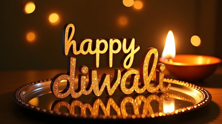 Celebrate a happy diwali with a beautiful candle and golden decorations for a festive seasonの素材