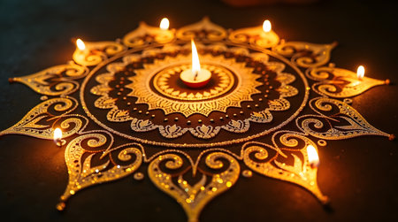 Celebrate Diwali with a stunning golden rangoli and glowing candles for a warm festive feelの素材