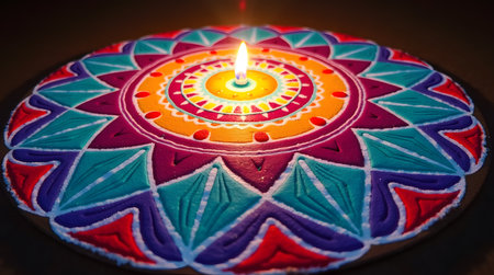 Vibrant Diwali celebration featuring colorful rangoli art and a glowing candle representing light overcoming darknessの素材