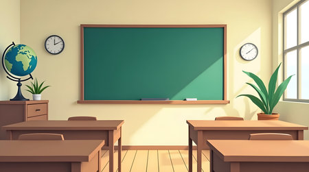 Inviting classroom scene with chalkboard, desks and globe ready for a day of learningの素材