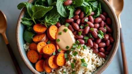 top view a bowl with rice and healthy vegetables.の素材