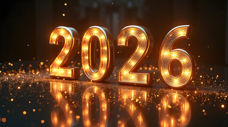 Celebrate the vibrant new year with glowing 2026 numerals and shimmering light displays, theme new yearの素材