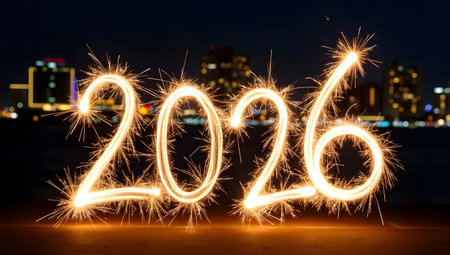 photography of sparklers creating luminous 2026 typography, theme new year 2026の素材