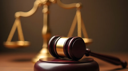 photo concept, Magistrateâs gavel with golden scales of justice in the background, selective focusの素材